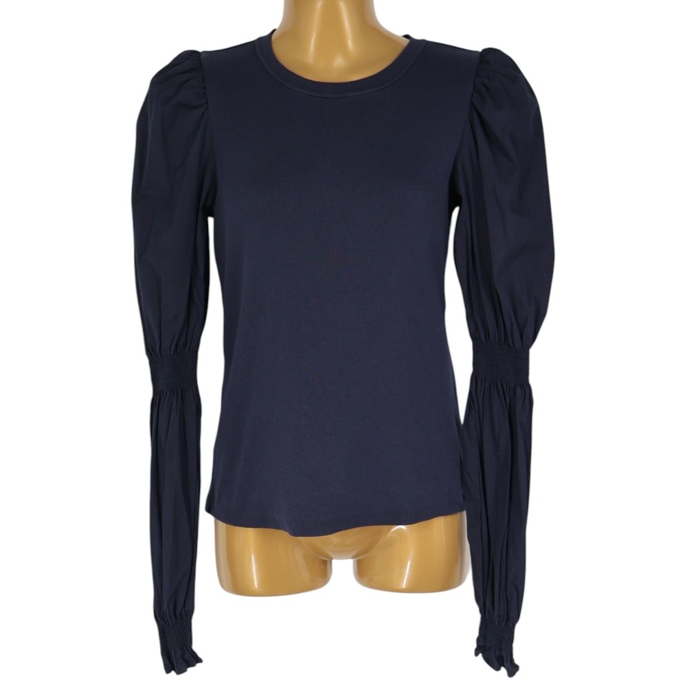 Veronica‎ Beard Jean Fawn Top Navy Ribbed Pima Poplin Puff Sleeve Smocked XS EUC
